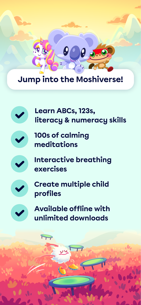 Infográfico mostrando as funcionalidades do aplicativo Moshi Kids, incluindo habilidades educacionais, meditações calmantes e modo offline para crianças