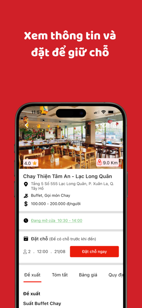 PasGo: Đặt bàn nhà hàng ưu đãi - A mobile screen from the PasGo app showing details for a vegetarian restaurant with a red reservation button