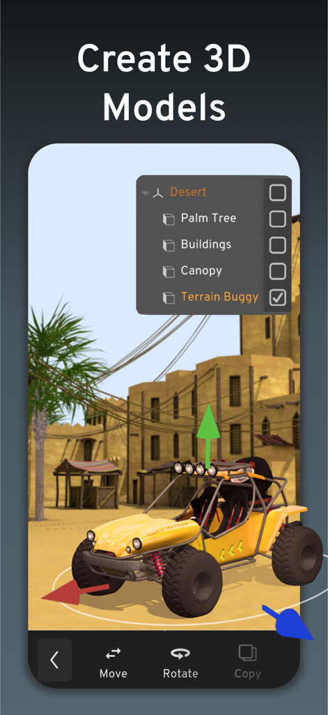 Mobile App-Oberfläche von Prisma3D, die die Erstellung einer 3D-Wüstenszene mit einem gelben Terrain-Buggy und Transformationswerkzeugen zeigt.