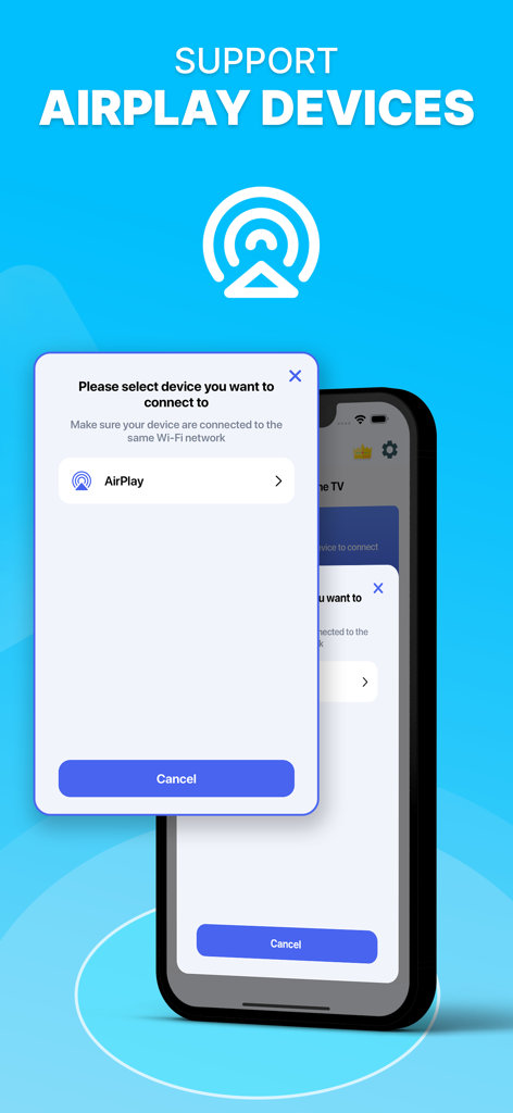 Interface de l'application TV Cast montrant la sélection des appareils AirPlay pour la mise en miroir d'écran