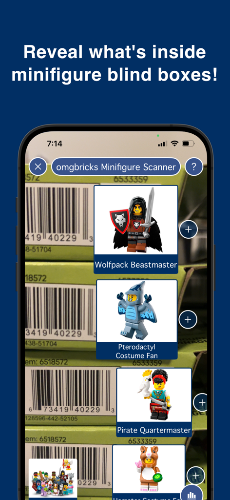 omgbricks for LEGO Sets - Omgbricks app scanning LEGO minifigure blind boxes to identify the characters inside using barcodes