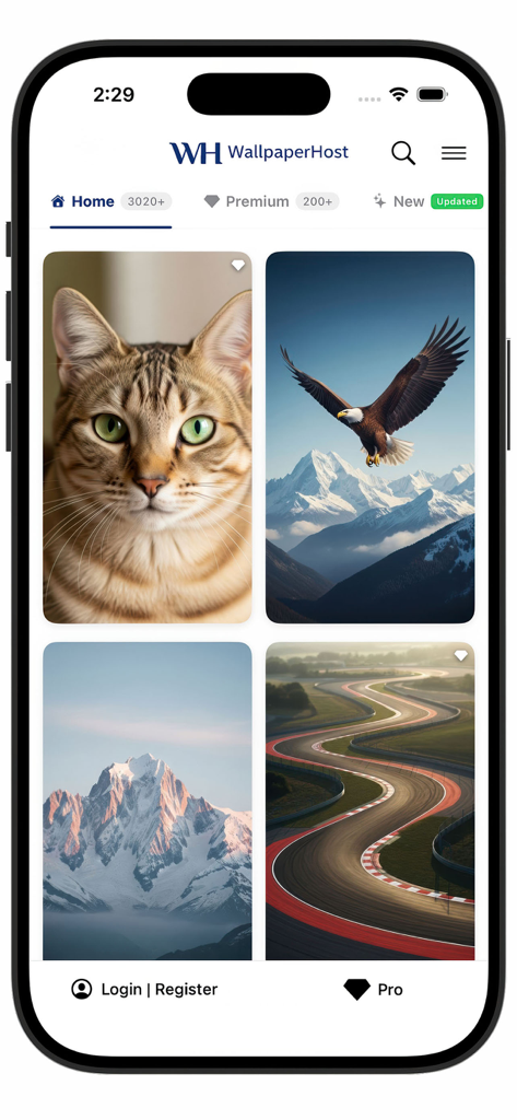 WallpaperHost: 4K Wallpapers - WallpaperHost app home screen displaying a curated collection of high resolution 4K wallpapers featuring animals and landscapes