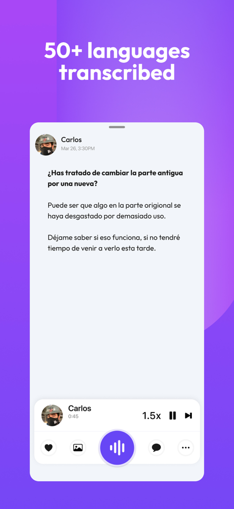 Airwave - Push To Talk (PTT) - Airwave app interface showing a Spanish voice-to-text transcription for a field technician.