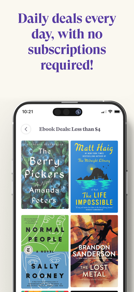 A mobile app interface from Bookshop.org showing daily ebook deals for less than four dollars with no subscription required