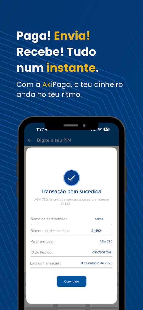 AkiPaga - AkiPaga mobile app screen showing a successful money transfer confirmation.