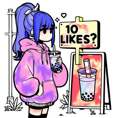 girl with oversized hoodie drinking boba and she has a high ponytail with a sign that says 10likes?