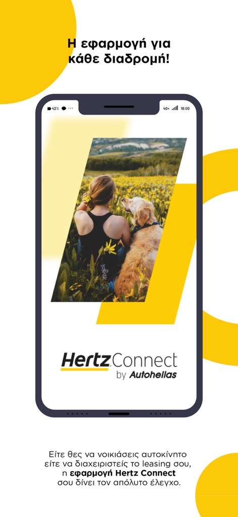 Hertz Connect app welcome screen by Autohellas featuring a woman and a dog in a field of yellow flowers
