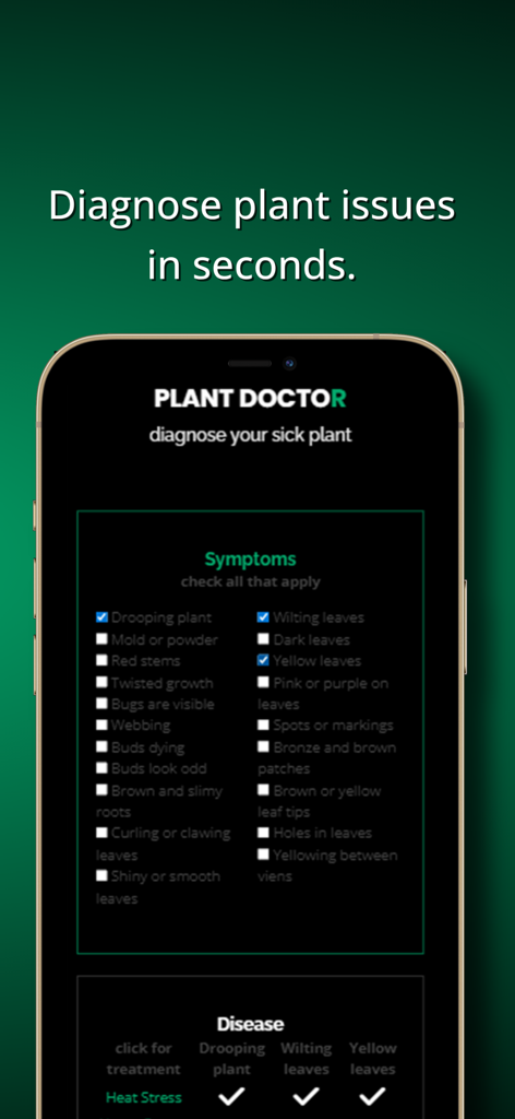 GrowApp | Cannabis App - GrowApp Plant Doctor Bildschirm zeigt eine Symptomcheckliste zur Diagnose kranker Cannabispflanzen.