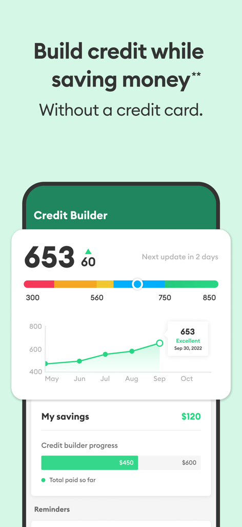 Interface of the Brigit app showing a credit builder dashboard with a credit score chart and savings progress tracker