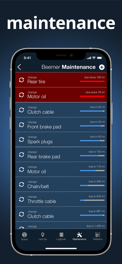 mo.ride - The motorcycle app. - Motorcycle maintenance tracker screen showing service intervals for oil and parts.