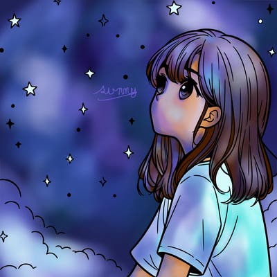girl looking at stars realistic