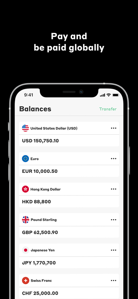 Currenxie Global Account - Painel da Conta Global Currenxie mostrando saldos empresariais multimoeda para USD, EUR e GBP