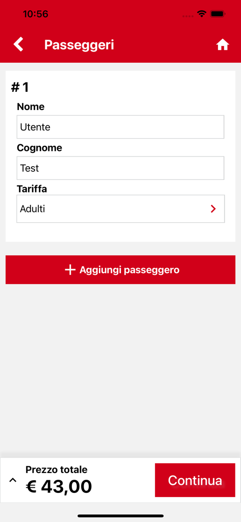 Pantalla de entrada de información del pasajero de la aplicación móvil MarinoBus que muestra los campos de nombre y apellido con el precio total de la reserva
