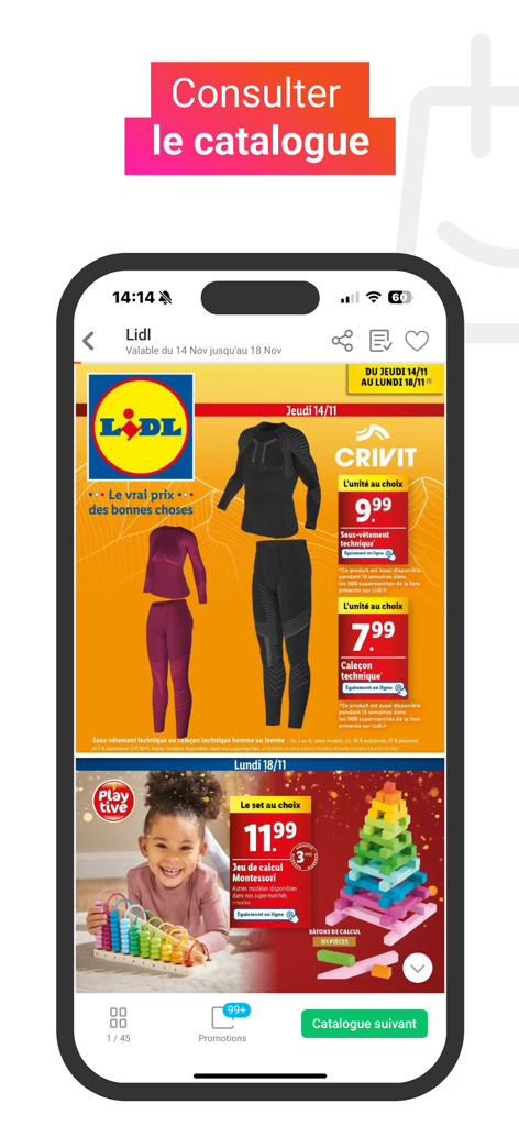 Écran de l'application mobile montrant un catalogue numérique Lidl avec des offres spéciales sur les vêtements de sport et les jouets.