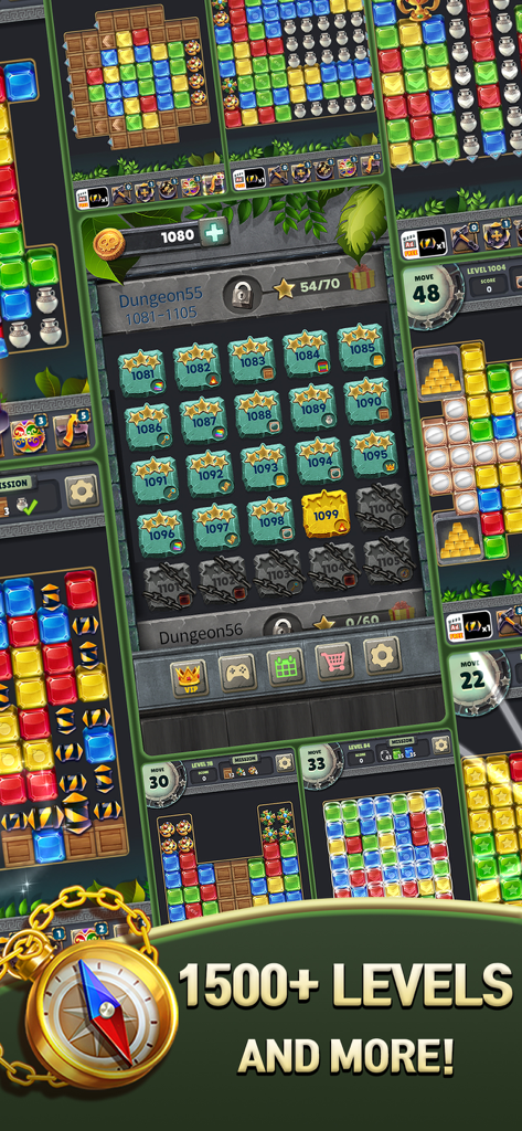 Una colección de pantallas de juego de Jewel Blast Temple mostrando el mapa de selección de niveles y más de 1500 niveles