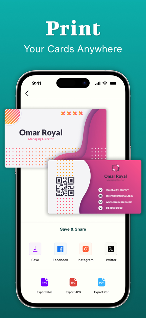 Business Card Maker : Creator - Smartphone app screen showing business card export options for print and social media sharing