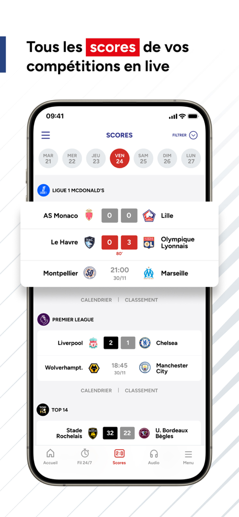 Smartphone screen showing the RMC Sport News app live scores for football and rugby competitions