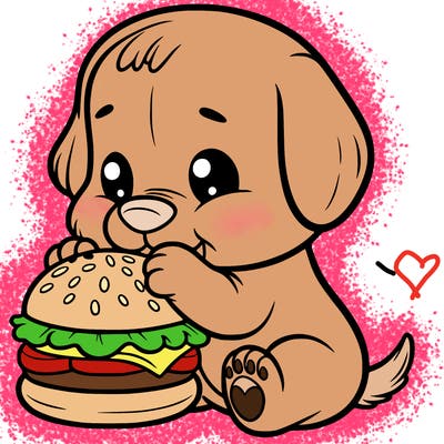 puppy eating a cheeseburger