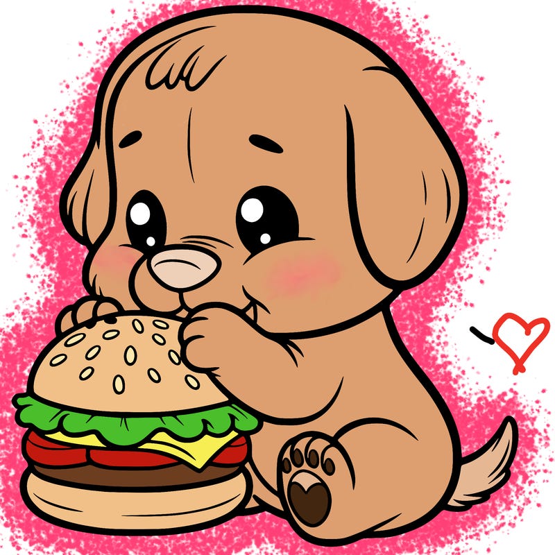 puppy eating a cheeseburger