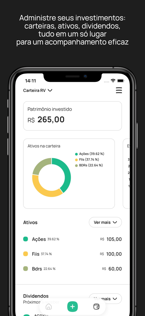 Planeo - L'interface de l'application Planeo montrant un portefeuille d'investissement avec un graphique circulaire coloré et une liste d'actions et d'actifs