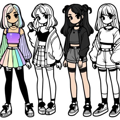 one girl with crop-top shirt and a jacket with a skirt, long socks and another girl with a shirt and pants with a jacket