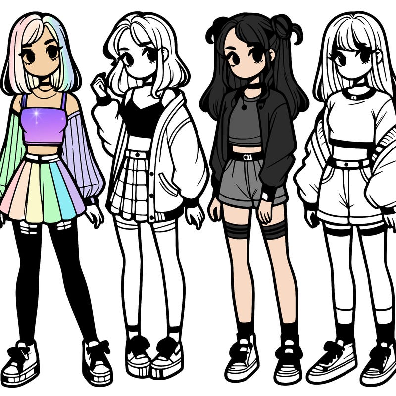 one girl with crop-top shirt and a jacket with a skirt, long socks and another girl with a shirt and pants with a jacket