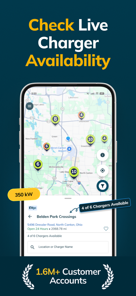 EVgo - Find a Fast EV Charger - EVgo mobile app interface showing real-time electric vehicle charging station availability on a map with location details