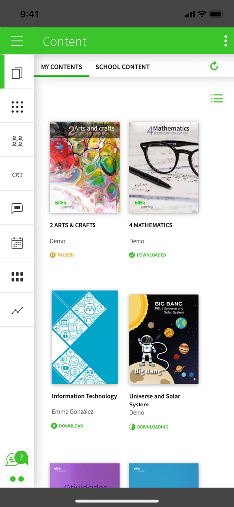Interfaz de la aplicación Blinklearning que muestra una biblioteca digital con varios libros de texto y estados de descarga