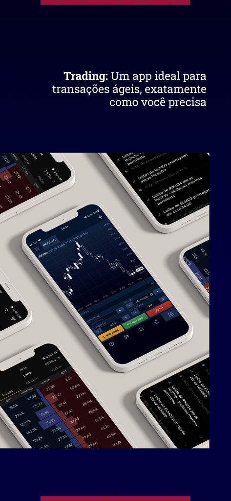 Safra Corretora - Interfaz de la aplicación de trading Safra Corretora mostrando gráficos financieros avanzados y libros de órdenes en múltiples smartphones