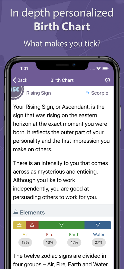 In-depth personalized birth chart screen in the Astrolis app showing Scorpio Rising sign and element analysis.
