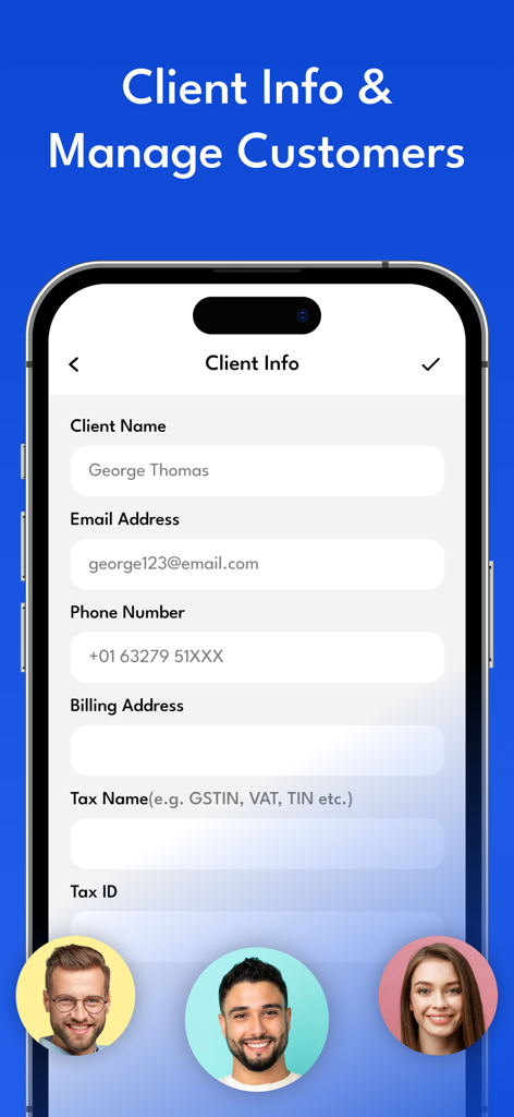 Invoice Maker & Quotation - Mobile app screen for adding and managing client contact and tax information