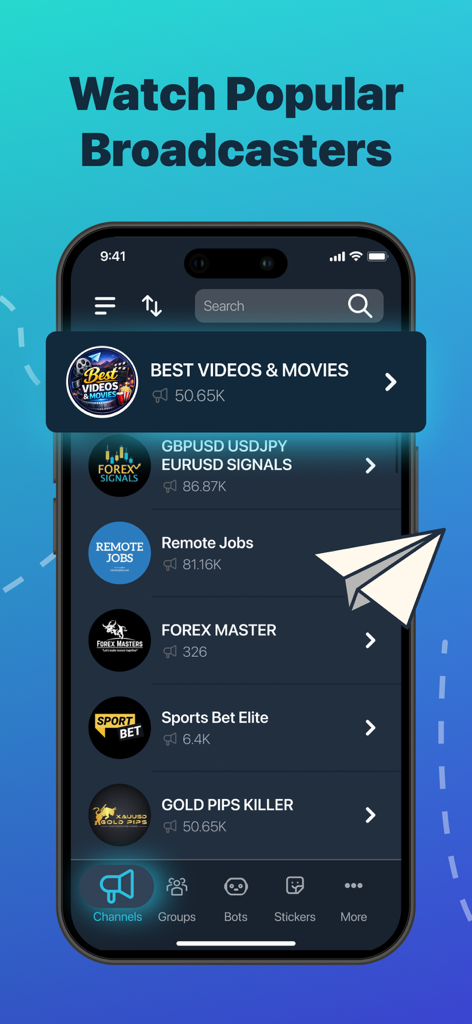 Telegram Channel Hub Group App - Interfaccia dell'app mobile che visualizza un elenco di canali Telegram popolari per film, segnali forex e lavori da remoto.