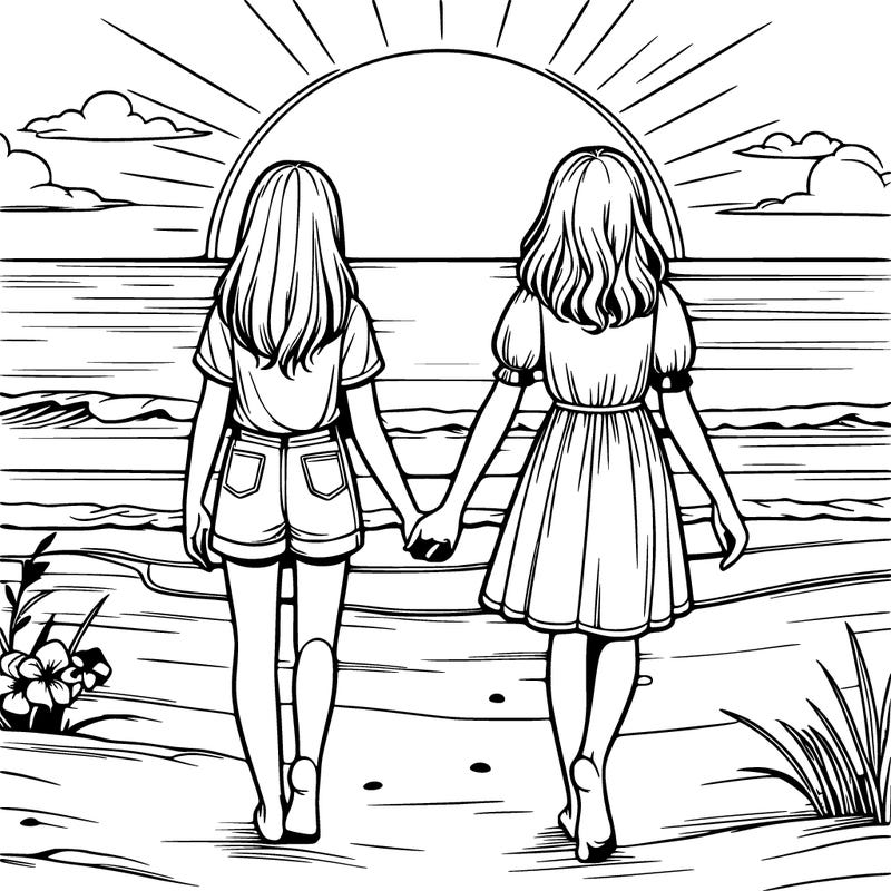 realistic sunset with two girls walking in the sand holding hands