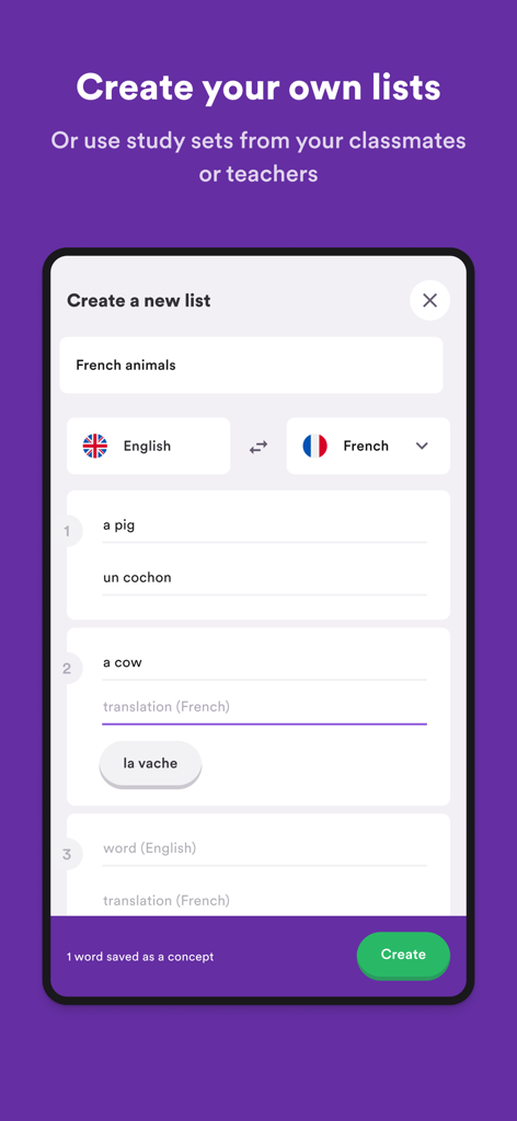 Screenshot of the StudyGo app showing the interface to create a custom French vocabulary study list.