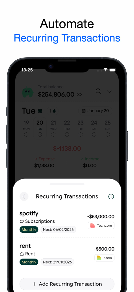 Mokie - Daily Expense Tracker - Interface montrant les transactions mensuelles récurrentes comme Spotify et le loyer dans l'application de suivi des dépenses Mokie.