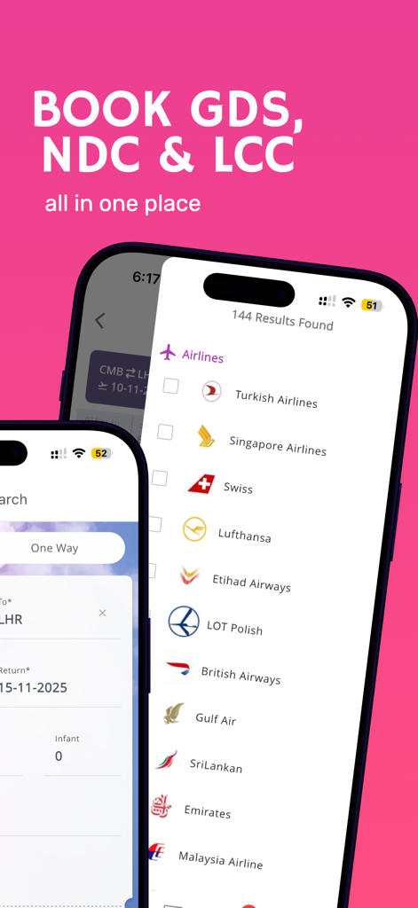 Ticket Gadget - Ticket Gadget mobile app interface showing a list of global airlines for professional travel bookings