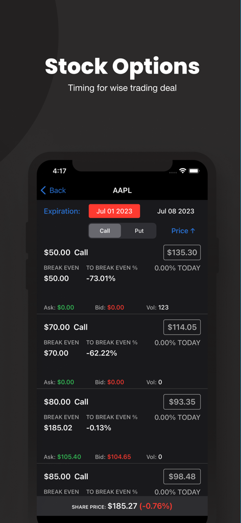 Interface do aplicativo Stock Screener exibindo a cadeia de opções de ações AAPL e dados de negociação