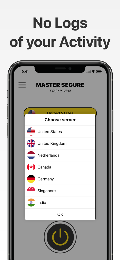 Master Secure VPN - Master Secure VPN app interface on an iPhone showing a list of global servers and a zero logs policy message