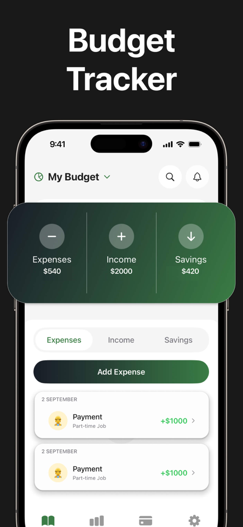 Budget Planner and Trackerㅤ - Interface of the Budget Planner and Tracker app on an iPhone showing income expenses and savings totals