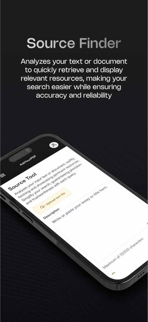 AskYourPDF app interface showing the Source Finder tool for document analysis and research