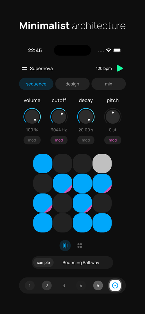 Polaris - Pocket Music Maker - Interfaz de la app de música Polaris que muestra una arquitectura minimalista con secuenciador por pasos y controles de sonido.