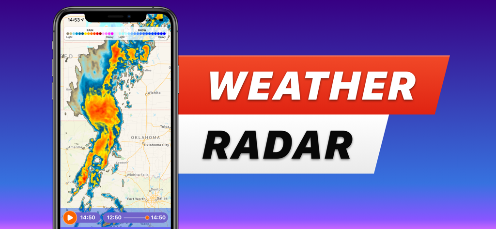 Smartphone displaying a live weather radar map with storm activity