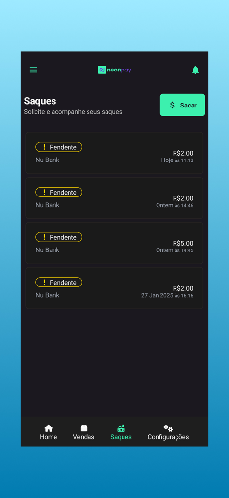 NeonPay mobile app interface displaying a list of pending withdrawals and a withdraw button