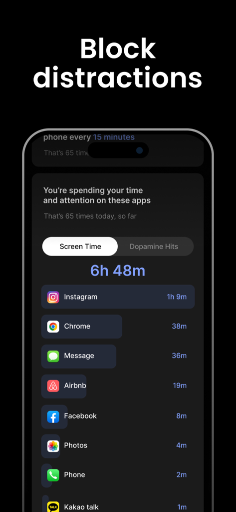 Pondアプリのインターフェース。合計スクリーンタイムと、InstagramやFacebookなどのアプリで費やされた時間が表示されています。