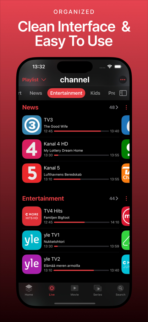 IPTV Ultra app interface showing an organized list of live TV channels in dark mode