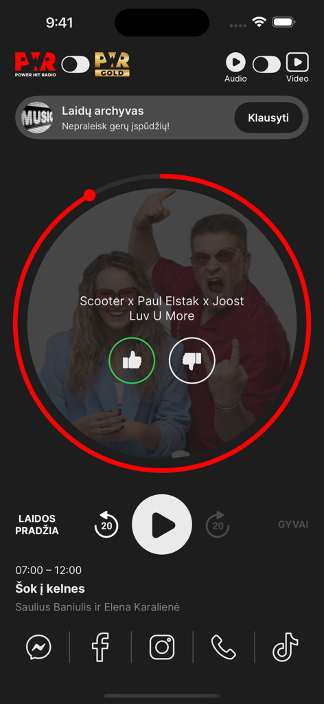 Power Hit Radio - Lietuva - Power Hit Radio Lietuva app interface showing the music player with thumbs up and down voting buttons