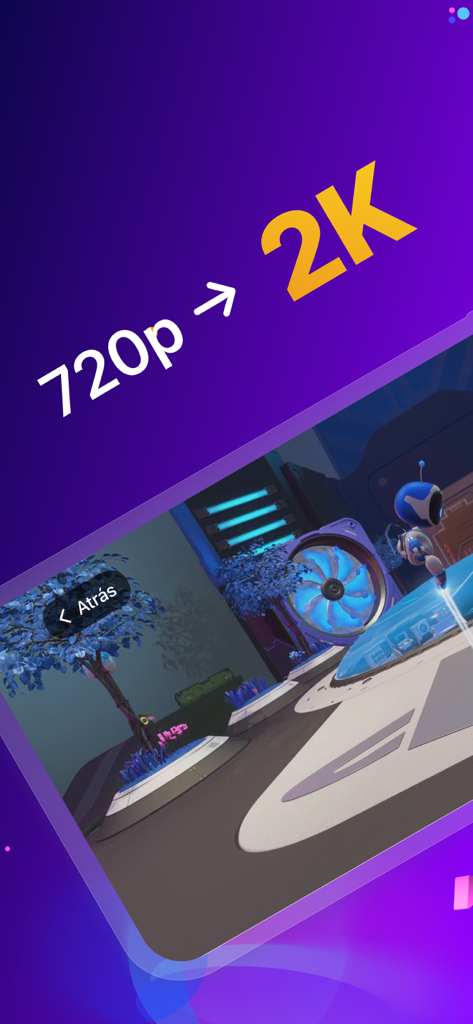 Play View - Remote Play Client - Grafica che mostra l'app Play View che esegue l'upscaling di uno stream video 720p a risoluzione 2K per PlayStation Remote Play.