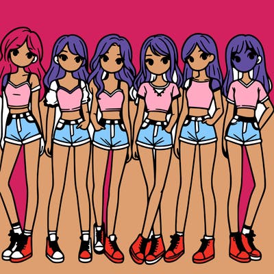 a group of girls wearing crop tops and shorts