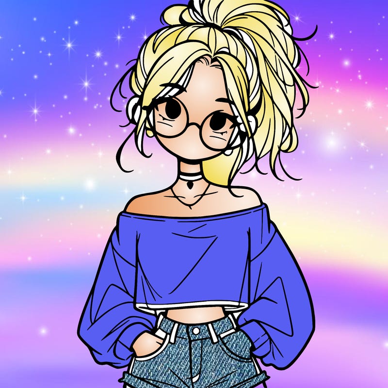 girl with a messy ponytail glasses a baggy crop top and jean shorts