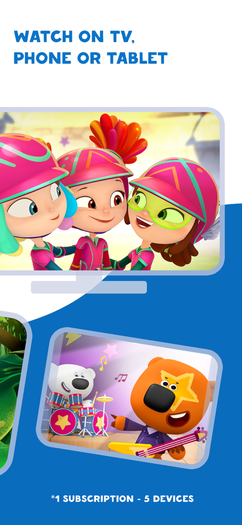 MOOLT – cartoons for children - Cartoon characters on TV and tablet screens showcasing MOOLT app compatibility across five devices with one subscription.